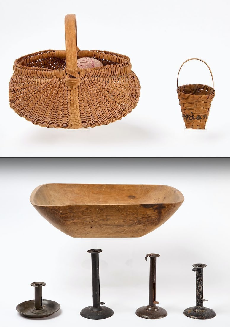 Country Group: Country group as follows: Wood trencher (unpainted), together with four push-up candlesticks. American, late 19th century. H 5-1/2 in. W 20-1/2 in. D 14-1/4 in. Candlesticks: H 3-1/2 in., H 6 in., H