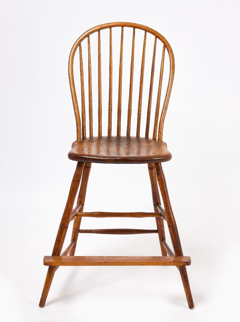 Child's Windsor Chair dated 1823: Spindle-back Windsor Clerk's chair with added foot rest. Inscribed underneath seat with date 1823. American. H 43-1/4 in. W 24 in. D 19 in. SH 23-3/4 in.