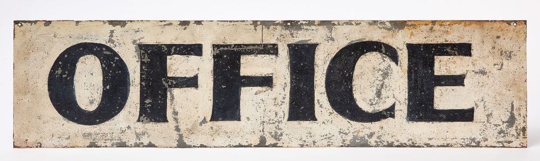 Office Sign: Office sign. Single sided sheet metal. Black lettering on white background. American, circa 1940. H 9 in. L 36-1/4 in.