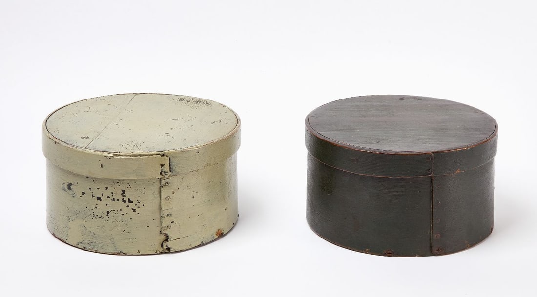 Two Painted Pantry Boxes: Two painted pantry boxes. Darker example with name along side I. Meal. American, 19th century. H 5-1/4 in. D 10-1/2 in. and H 5-1/2 in. D 10-3/8 in.