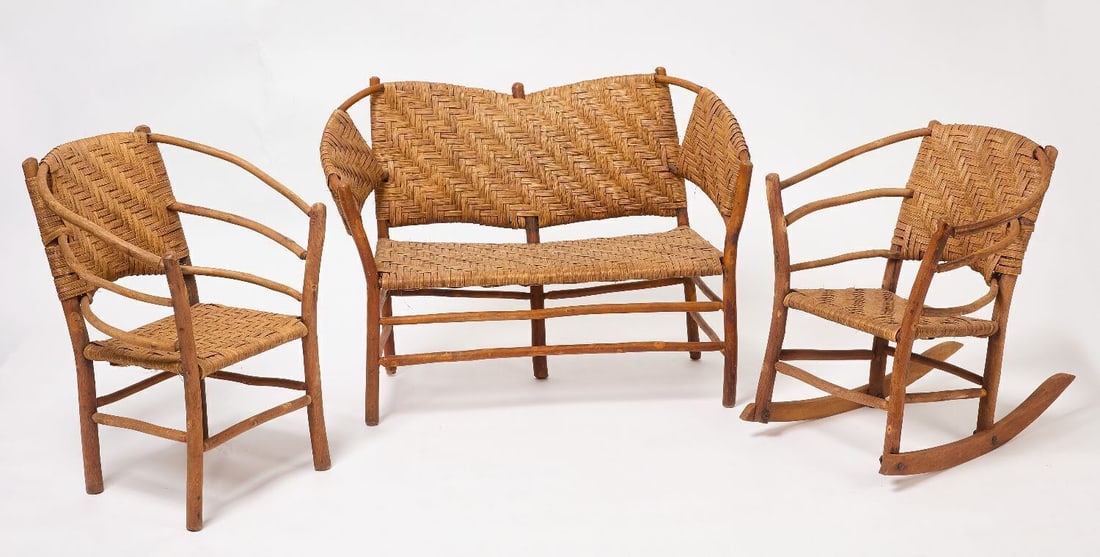 Three-Piece Child's Old Hickory Furniture Set: Three-piece set of child's Old Hickory furniture, consisting of a rocking chair, armchair, and a setee. All pieces signed on legs. H 21-1/2 in. W 16 in. D 23 in. H 24 in. W 17-1/2 in. D 16