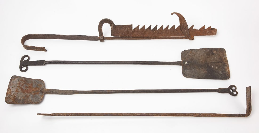 Four Fireplace Items: Four fireplace items. Three ram's horn peels and a trammel. American, 18th century. L 38 in., L 39-1/2 in., L 41 in., and L 36-1/4 in. 