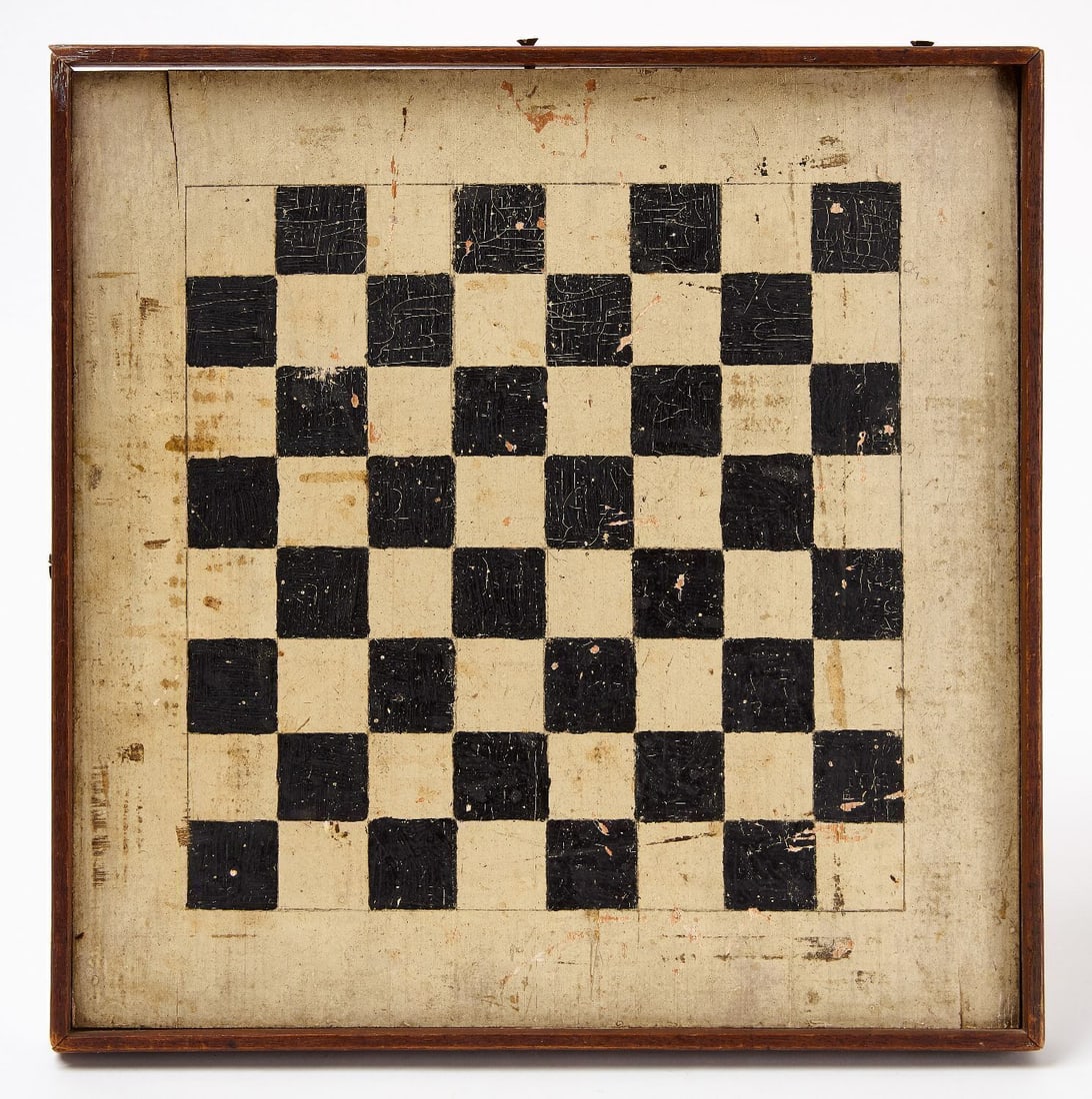 Black and White Checker Board: Checker board. Original black and white paint on framed wood panel. American, late 19th century. 13 in. x 13-1/4 in. Collection of Bruce and Doranna Wendel.