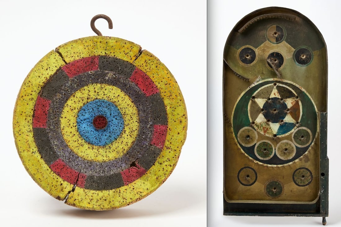 Target Gameboard and Pinball Gameboard: Double-sided round target gameboard. Original paint on wood board. American, late 19th century. D 8 in. Pinball gameboard. Original paint on wood panel. American, late 19th century. H 39 in. W 18-1/2