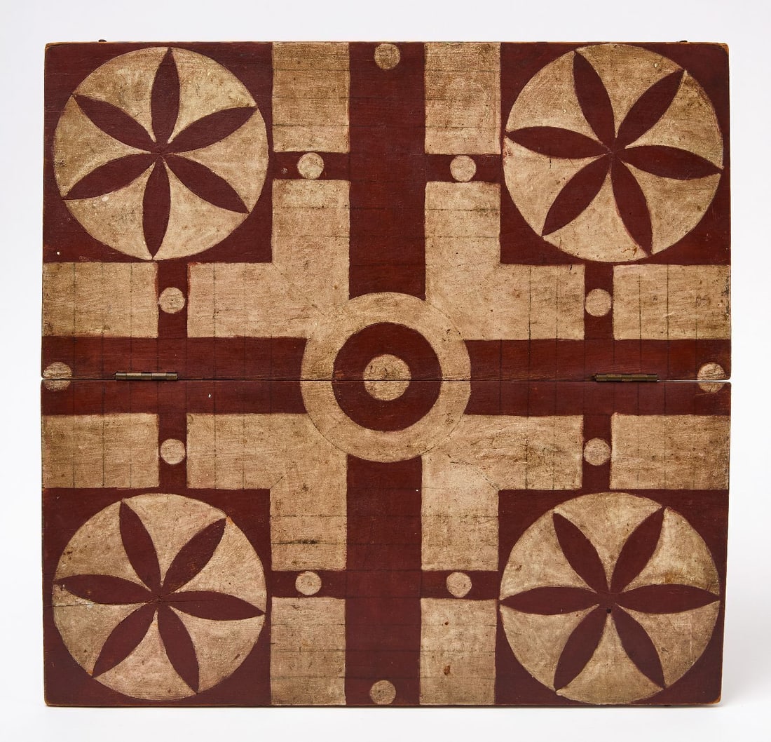 Parcheesi Gameboard: Parcheesi game board with floral motifs. original paint on wood panel. American, Late 19th Century. H 17 in. W 16-1/2 in. Collection of Bruce and Doranna Wendel.