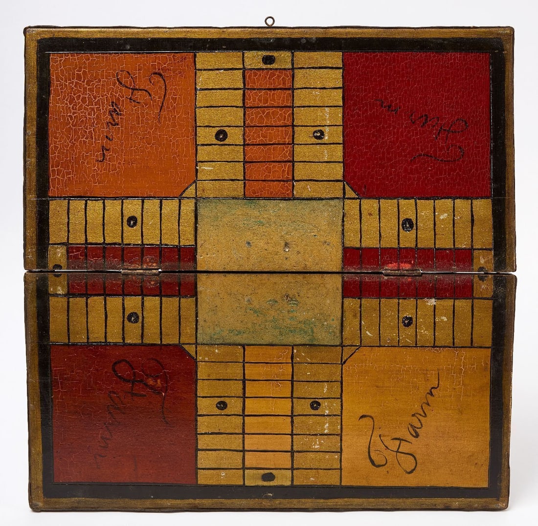 Folding Parcheesi Gameboard: Parcheesi game board. Original paint on wood panel. 'Farm' painted in each corner. American, Late 19th Century. H 20 in. W 20 in. Collection of Bruce and Doranna Wendel.
