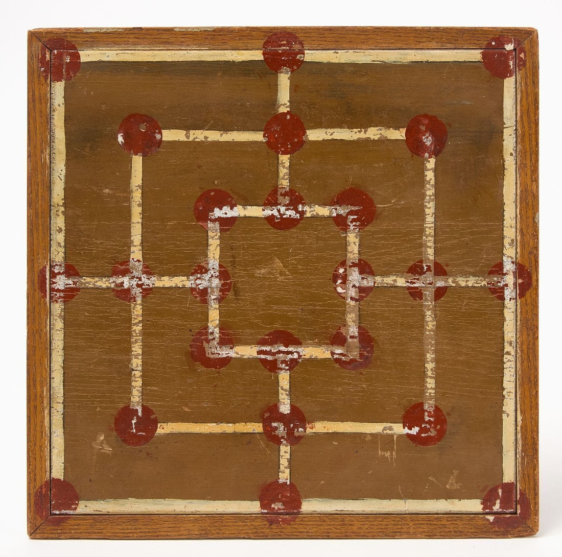 Parcheesi Gameboard with Checkers: Parcheesi gameboard with checkers on reverse. Original paint on framed wood panel. American, late 19th century. H 12-3/4 in. W 12-3/4 in. Collection of Bruce and Doranna Wendell