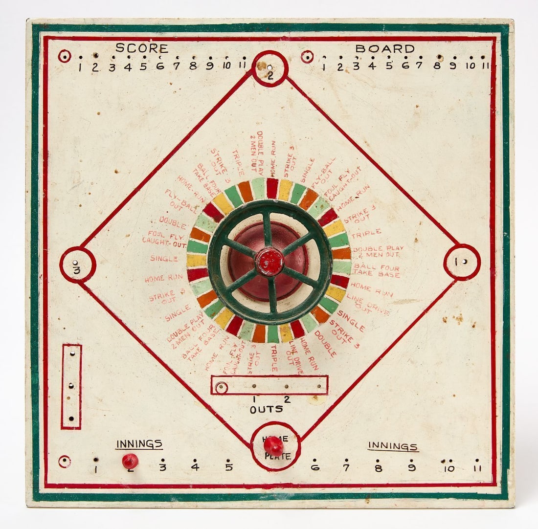 Tabletop Baseball Gameboard: Tabletop baseball game board. Original paint on wood panel. American, Mid-20th Century. H 15 in. W 15 in. Collection of Bruce and Doranna Wendel.