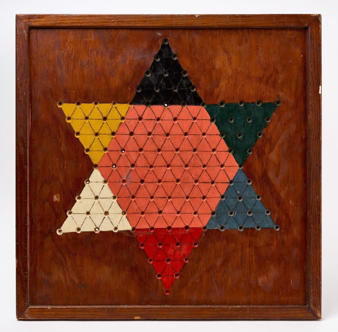 Chinese Checkers Gameboard: Chinese Checkers gameboard. Original paint on framed wood. American, Circa 1900s. H 25-3/4 in. W 25-3/4 in. Collection of Bruce and Doranna Wendel.