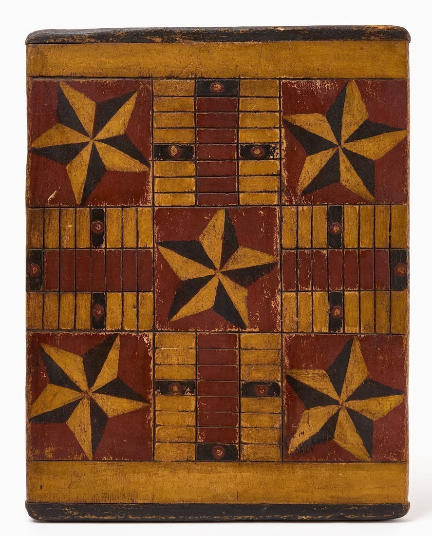 Painted Parcheesi Gameboard: Single-sided painted parcheesi gameboard. American, circa1920 H 19-7/8 in. W 15-1/2 in.