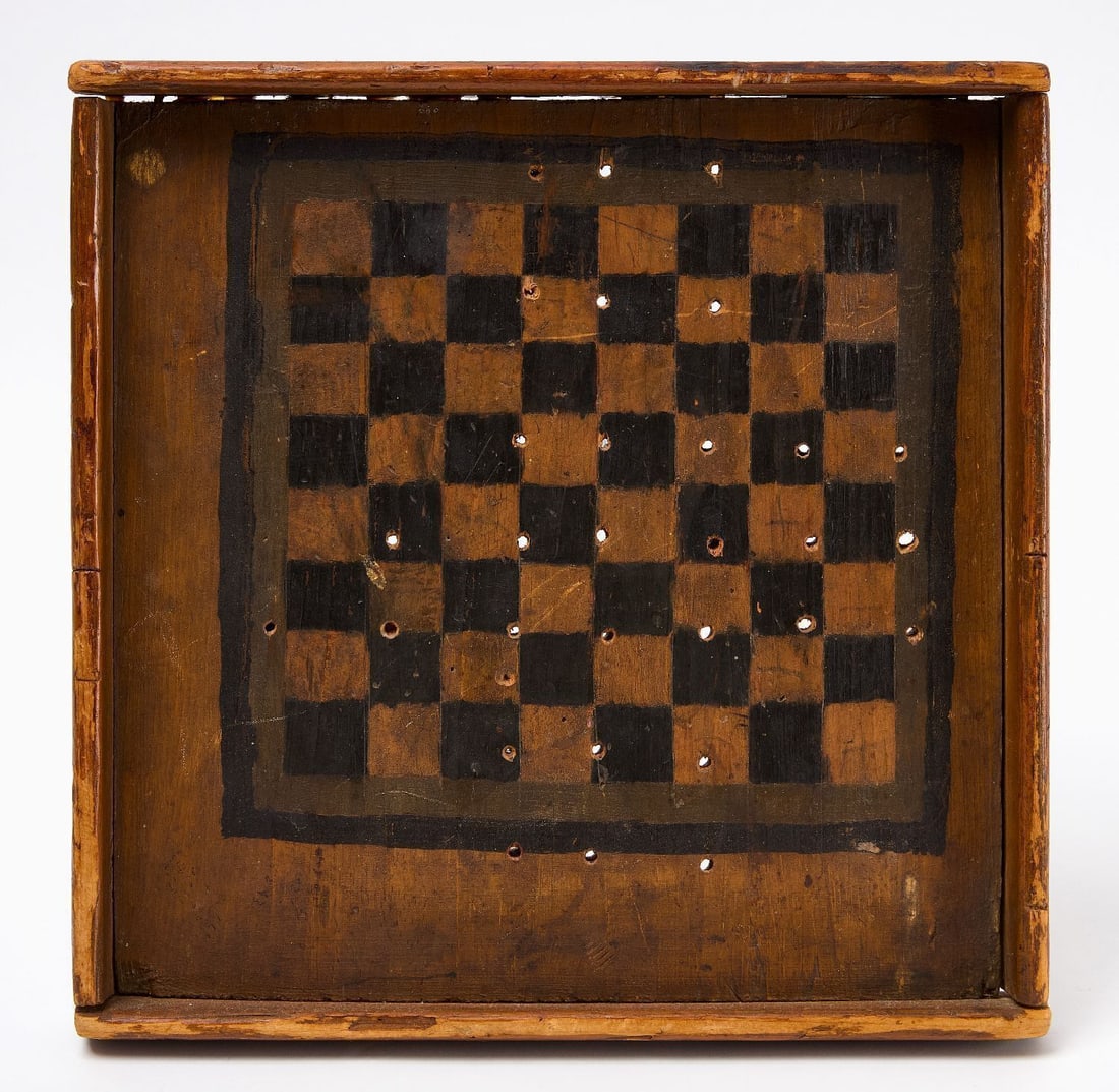 Checkers Gameboard: Checkers game board ( JB -1836 on backside ) Orignal paint on framed wood panel. American, dated 1836. H 12 in. W 11-3/4 in. Collection of Bruce and Doranna Wendel.