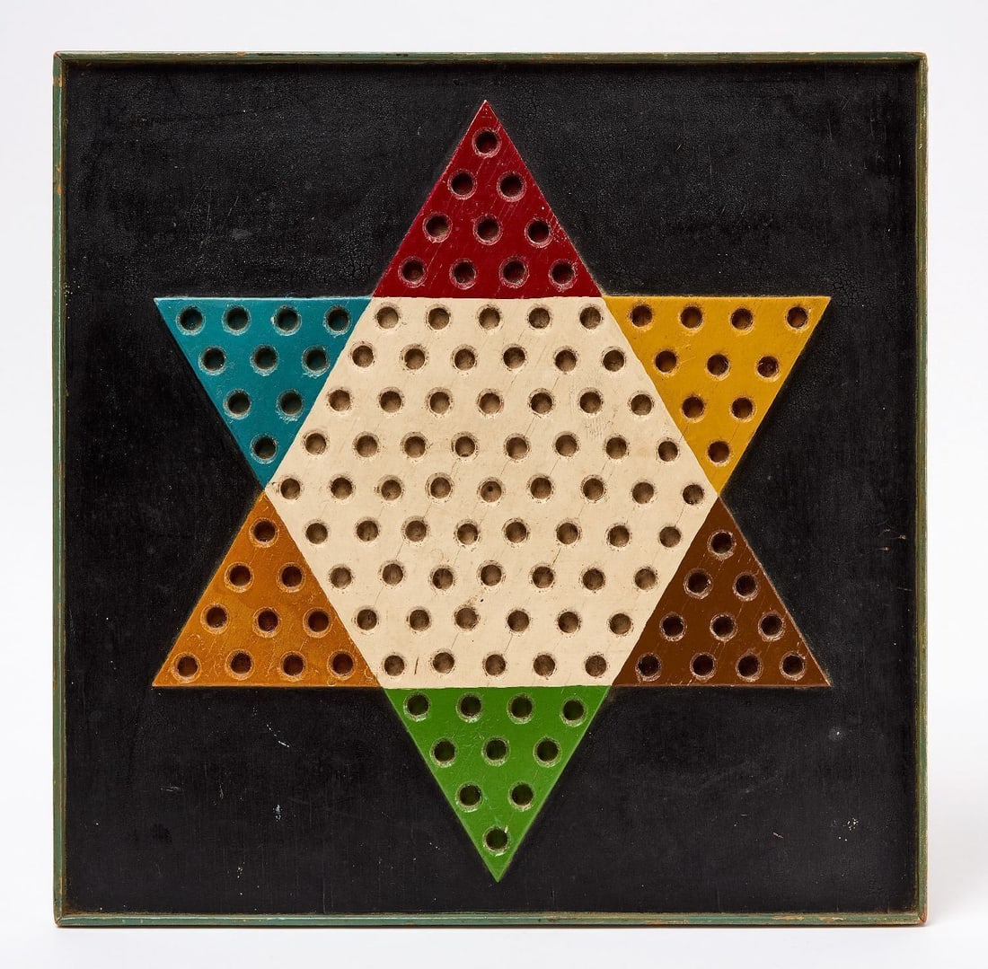Chinese Checkers Gameboard: Chinese checkers game board. Original paint on wood panel. American, Late 19th Century. H 16 in. W 16 in. Collection of Bruce and Doranna Wendel.