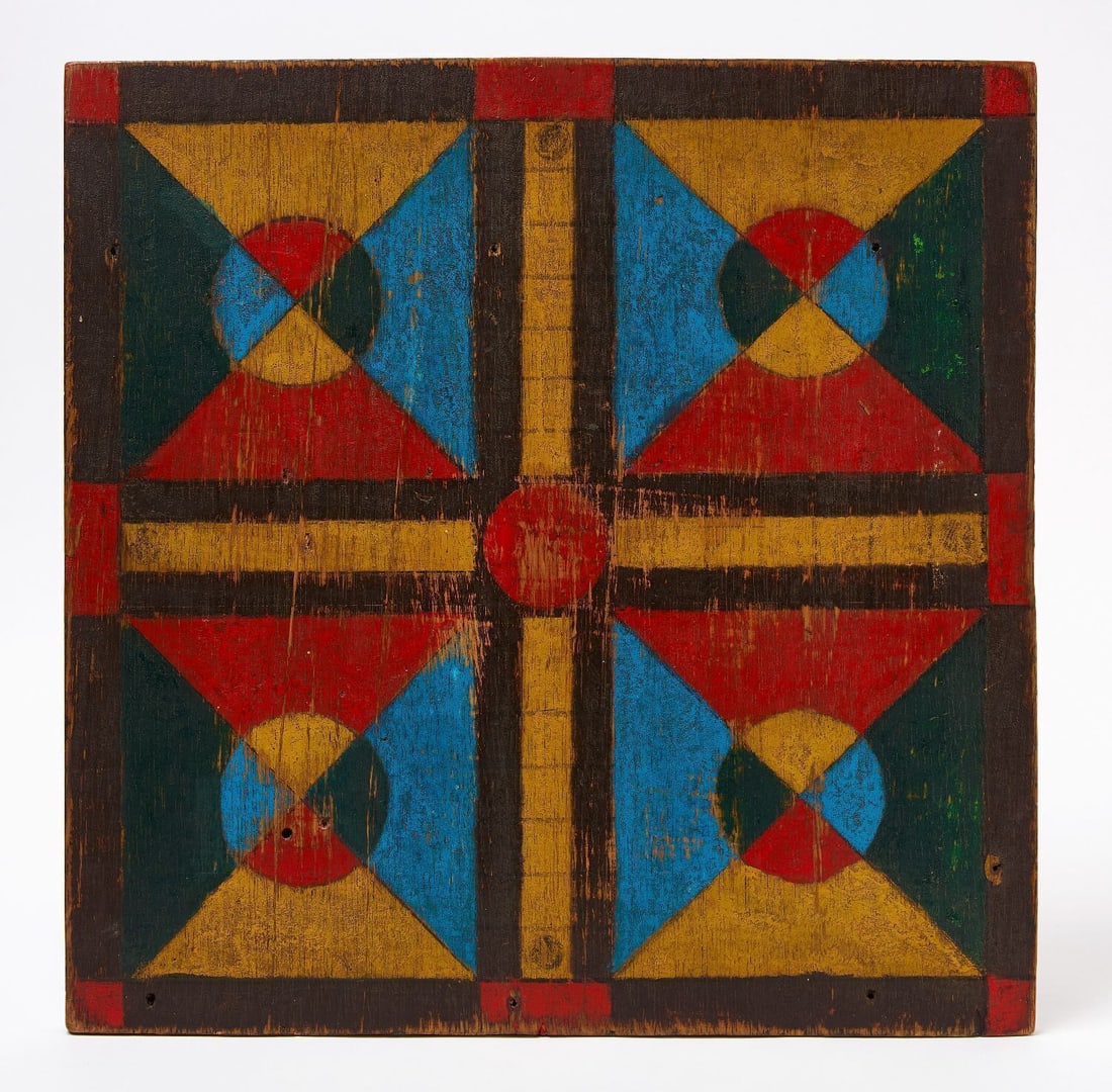 Parcheesi Gameboard: Parcheesi gameboard. Original paint on wood panel. American, Early 20th Century. H 19-1/2 in. W 19-1/4 in. Collection of Bruce and Doranna Wendel.