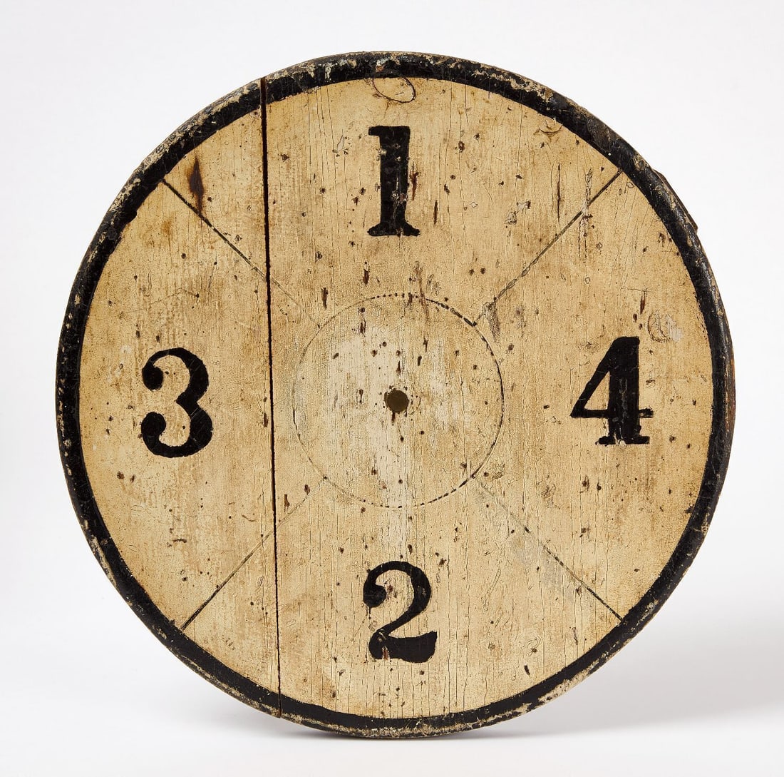 Target Gameboard: Target gameboard with numbers painted in white and black. Original paint on wood panel. American, late 19th century. D 12-3/4 in. Collection of Bruce and Doranna Wendel.