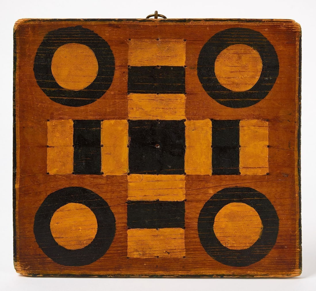 Parcheesi Gameboard: Parcheesi gameboard painted in yellow, and black. Original paint on wood panel. American, late 19th century. H 9-3/4 in. W 10-3/4 in. Collection of Bruce and Doranna Wendel. 