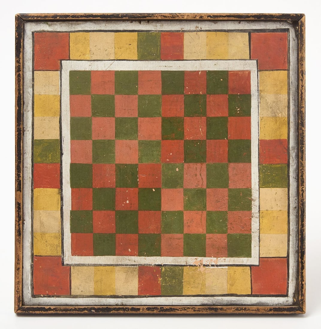 Checkerboard: Checkerboard. Red, green, white and yellow on framed wood panel. American, 20th century. H 14-3/4 in. W 14-1/4 in.
