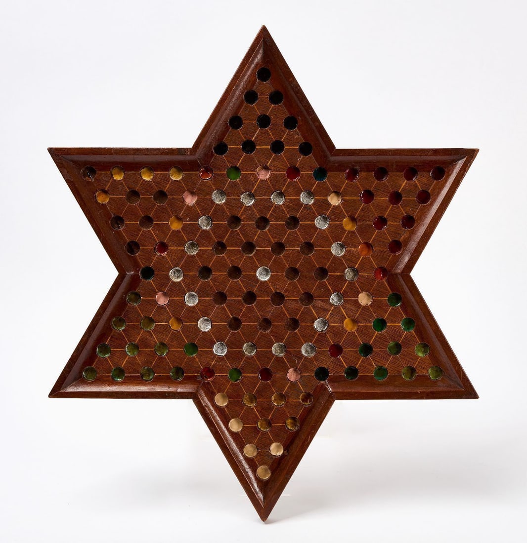 Star Shaped Chinese Checkers Gameboard: Star shaped Chinese checkers game board. Original paint, varnish and foil on framed wood panel. American, circa 1925. 19-1/2 in. x 19-1/2 in. Collection of Bruce and Doranna Wendel.