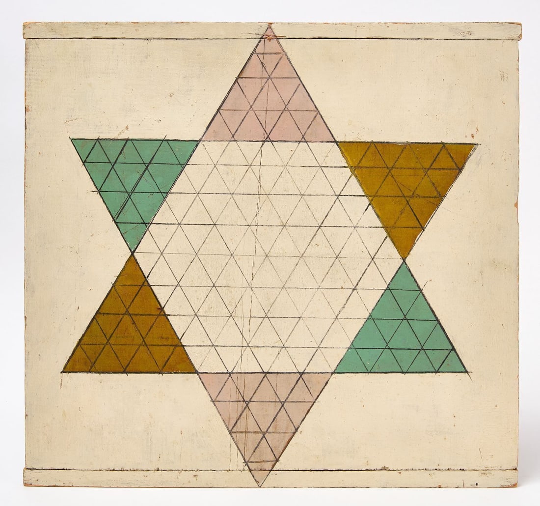 Chinese Checkers Gameboard: Chinese checkers gameboard with painted star design. Original paint on wood panel. American, late 19th century. H 18-1/2 in. W 18-1/2 in. Collection of Bruce and Doranna Wendel.