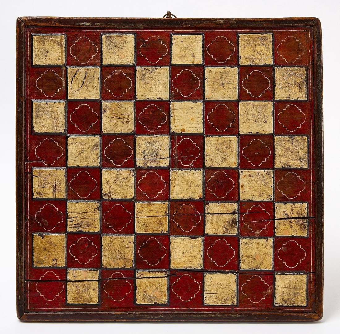 Two-Sided Game Board: Two - sided game board with relief carved checkers on one side. Reverse with black and white checkers game. Original paint on framed wood panel. American, late 19th century. 15-1/2 in. x 15-1/4