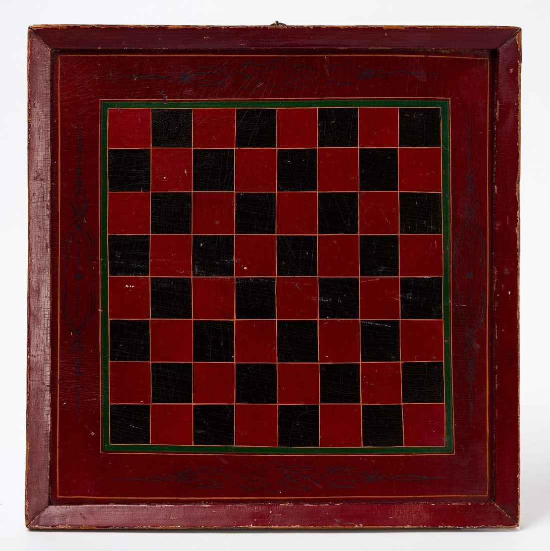 Checker Board: Checker board. Original coach style paint on beveled framed panel. American, circa 1875. 14-3/4 in. x 14-1/2 in. Collection of Bruce and Doranna Wendel.