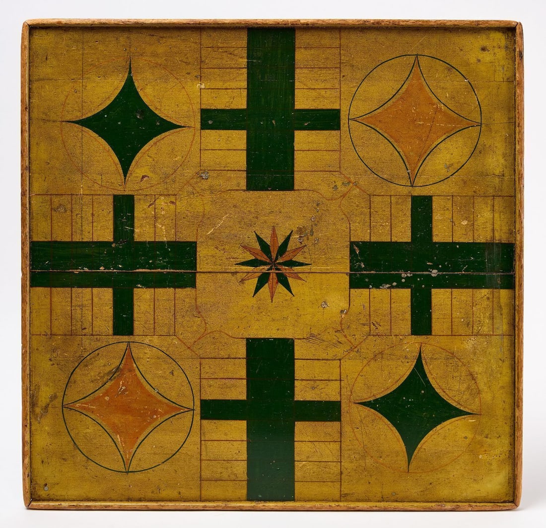 Parcheesi Game Bosrd: Parcheesi game board. Original paint on framed wood panel. American, Mid-20th century. H 22-1/4 in. W 22-3/4 in.