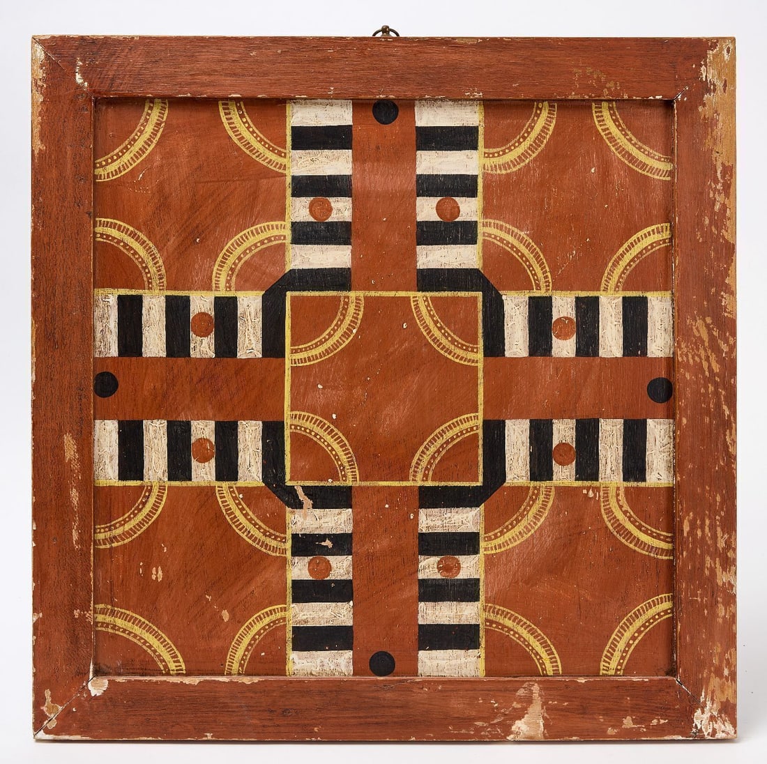 Parcheesi Gameboard: Parcheesi gameboard. Original paint on wood panel. American, late 19th - early 20th. H 21-1/2 in. W 21-1/2 in. Collection of Bruce and Doranna Wendel.