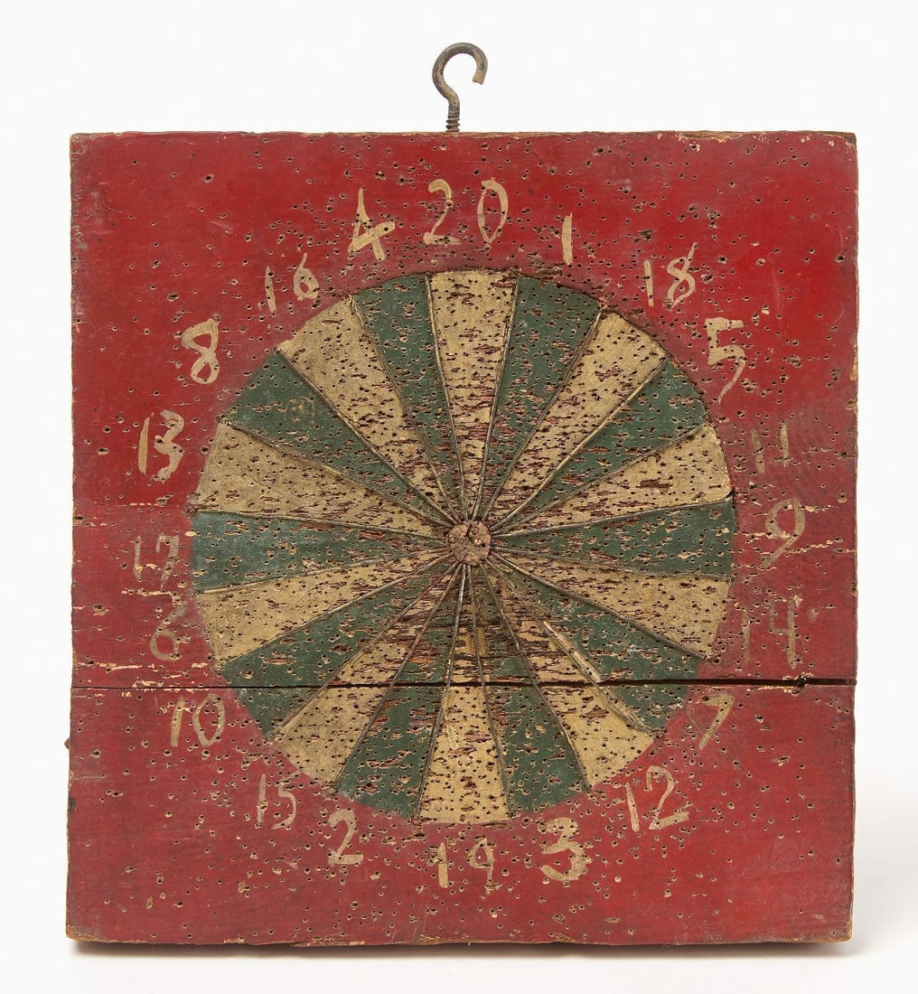 Dartboard Game: Dartboard game hand-painted red, green, and white. Original paint on wood panel. American,early 20th century. H 9-1/4 in. W 9 in.