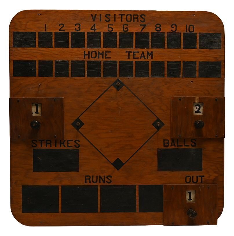 Baseball Score Board: Baseball score board. Original paint on wood panel with metal hooks. Three wooden knobs turn to advance Strikes, Balls, and Outs. American, circa 1940. H 23-3/4 in. W 23-3/4 in.