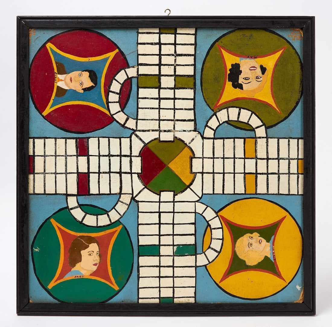 Parcheesi Gameboard with Checkers: Parcheesi Gameboard with Checkers on reverse with names and signed in two corners by Keithan. Taunton, Mass. Original paint on framed wood panel. American, circa 1930. H 21-1/4 in. W 21 in.
