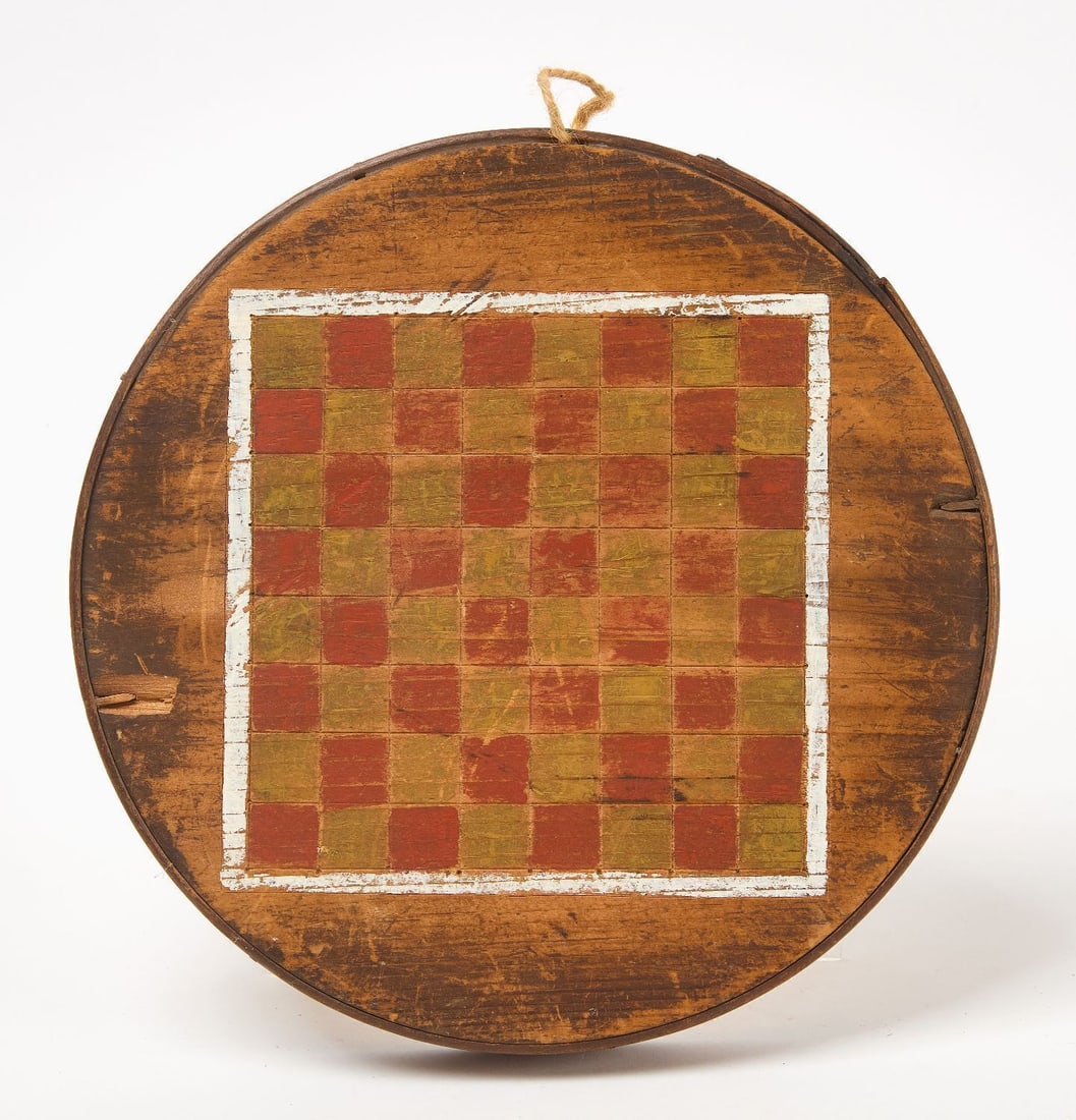 Checkers Gameboard: Checkers round gameboard painted white, red and green squares. Original paint on wood panel. American, late 19th century. D 10 in.