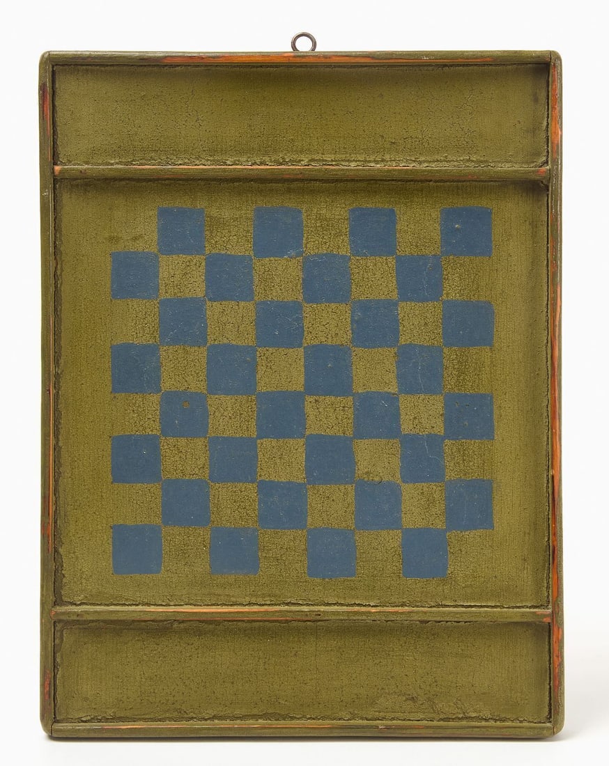 Checkers Gameboard: Checkers gameboard painted in green and grey. Original paint on wood panel. American, late 19th century. H 15 in. W 11-1/2 in.