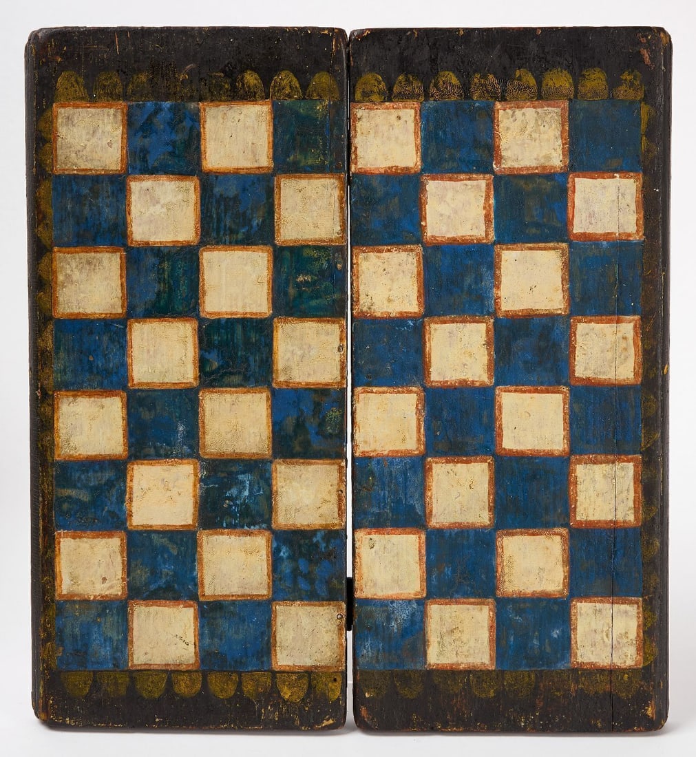 Folding Checkers Gameboard: Checkers folding gameboard. Original paint in red, white, and blue painted surface with a mustard thumbprint design on wood panel. American, 19th century. H 15 in. W 14 in. Collection of Bruce and