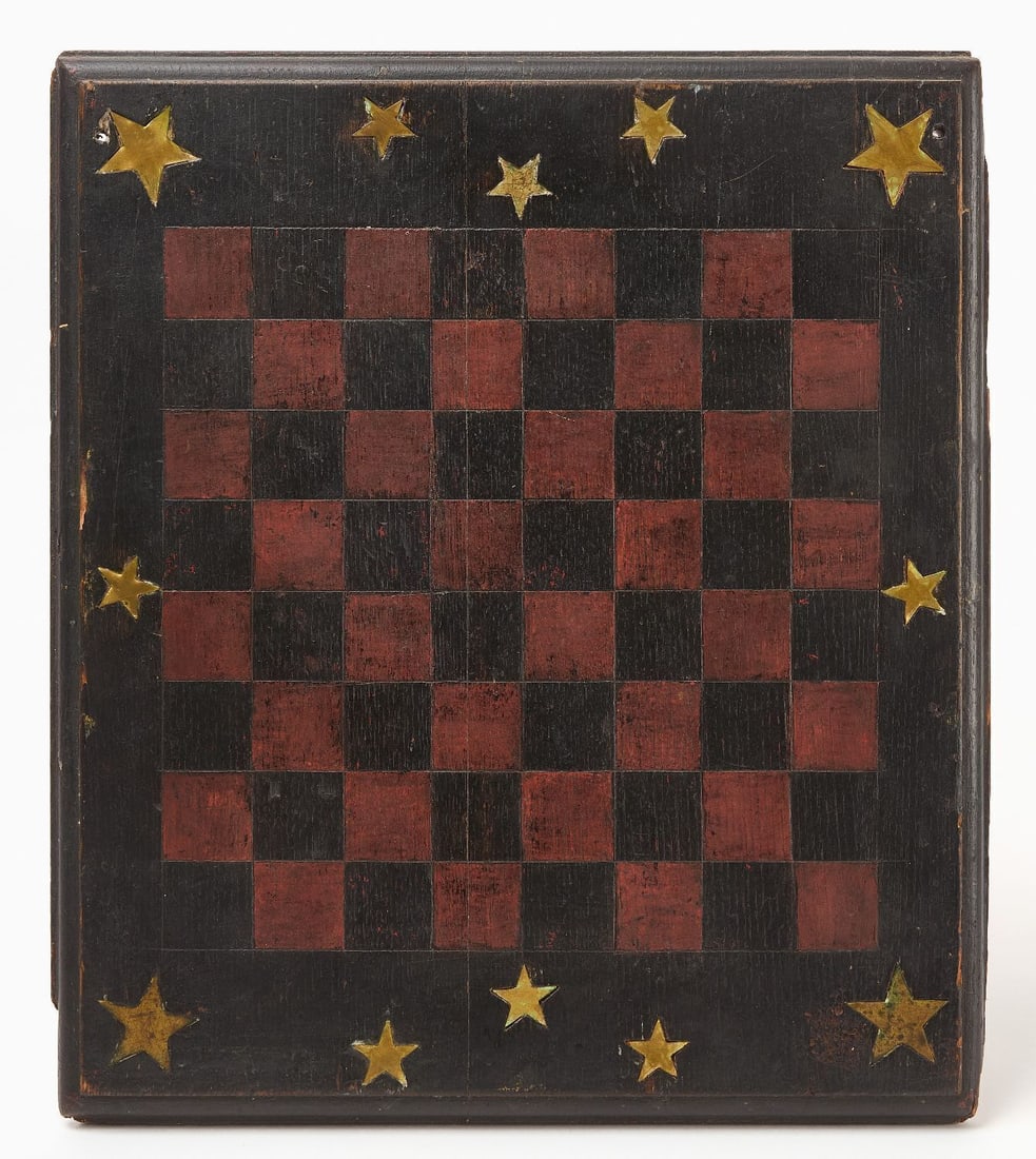 Checkers Gameboard with Stars: Checkers gameboard with stars. Original paint on wood panel. American, late 19th century. H 18 in. W 15-3/4 in.