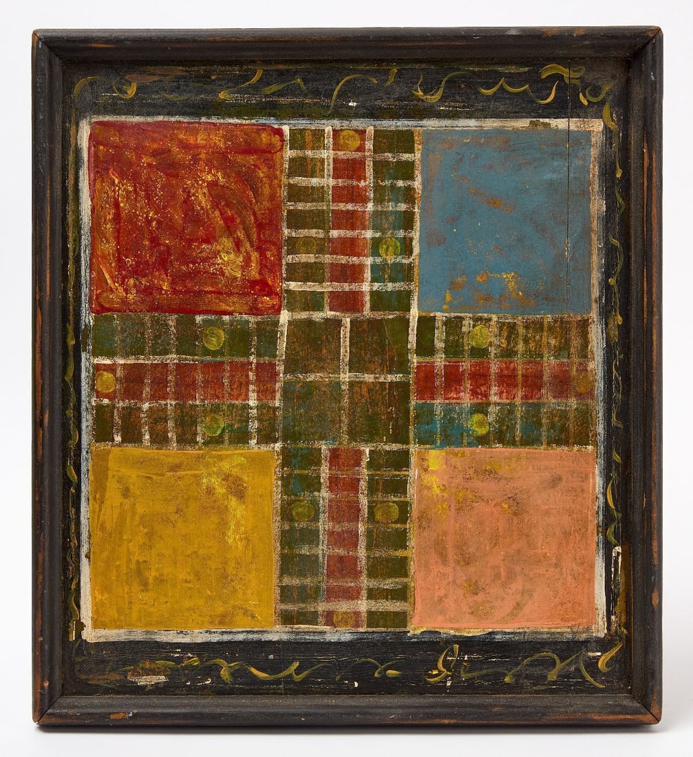 Parcheesi Gameboard: Parcheesi gameboard. Old paint on wood panel. American, late 19th century. H 17-1/2 in. W 15-3/4 in. Collection of Bruce and Doranna Wendel.