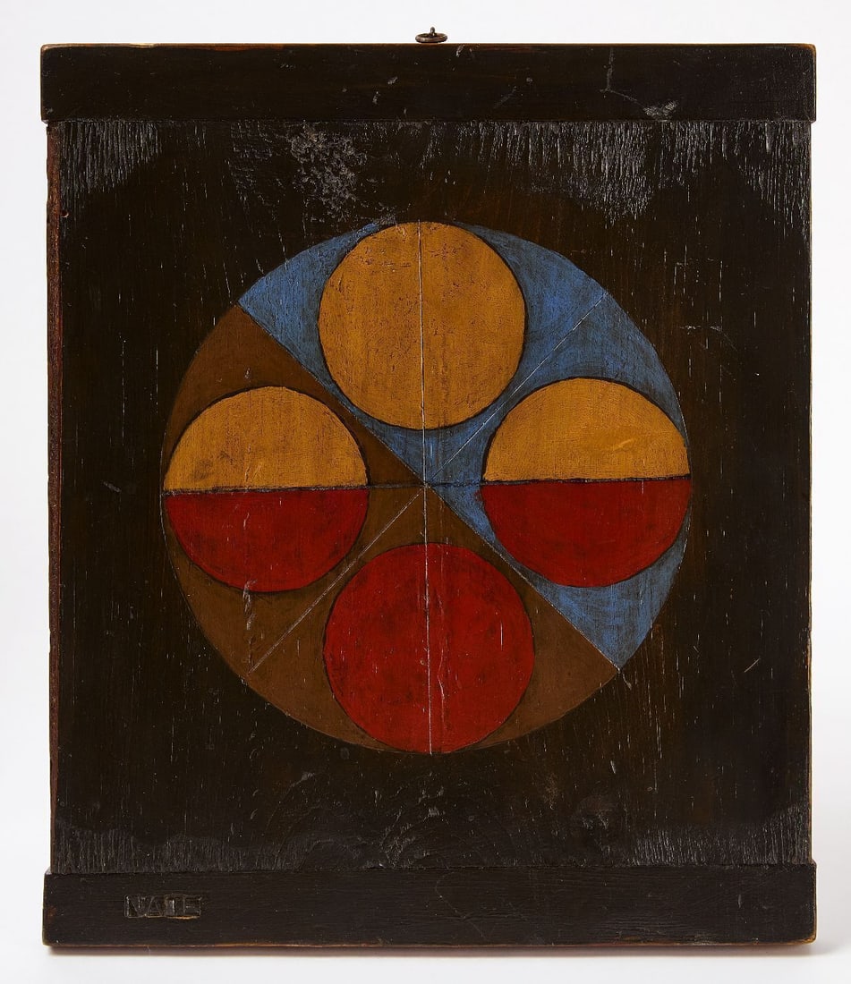 Parcheesi Gameboard with Checkers: Parcheesi gameboard with checkers on reverse. Original paint on wood panel. American, late 19th century. H 13-3/4 in. W 11-3/4 in. Collection of Bruce and Doranna Wendel.