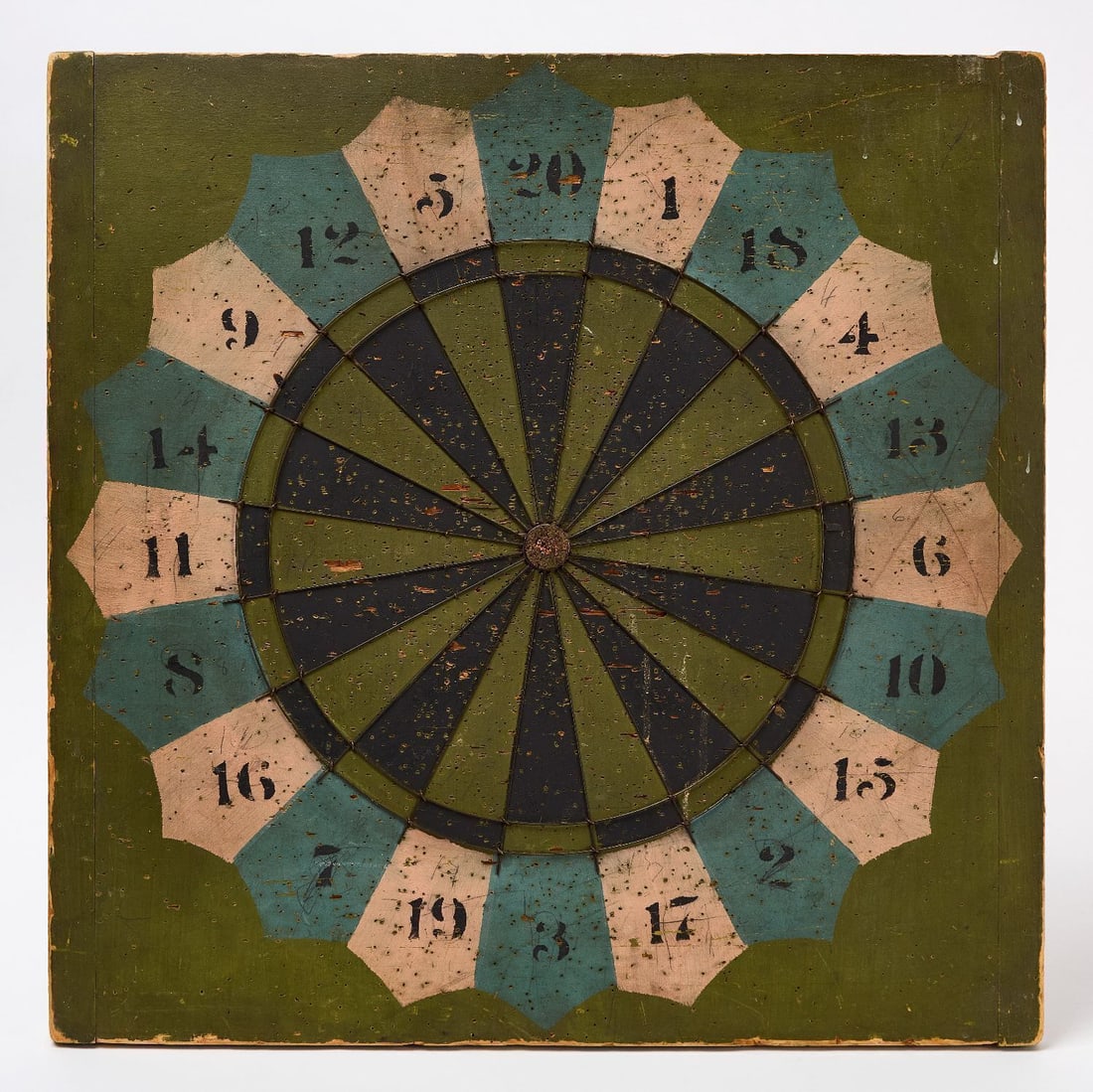 Darts Gameboard: Darts gameboard. Original paint on wood panel. Breadboard ends. American, early 20th century. H 21 in. W 21 in. Collection of Bruce and Doranna Wendel.
