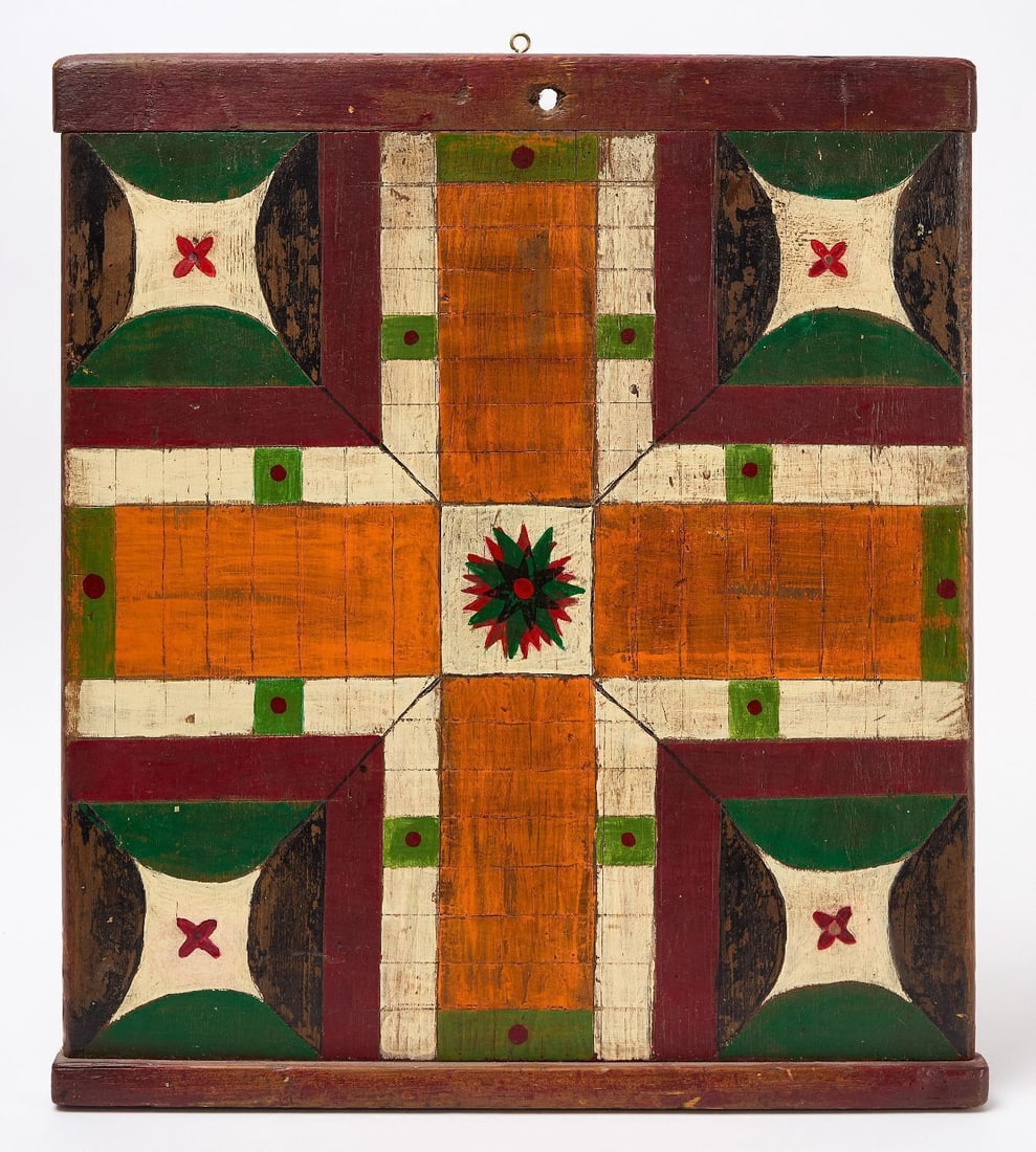 Parcheesi Gameboard: Parcheesi gameboard. Original paint on wood panel. American, 19th century. H 20-1/4 in. W 20 in. Collection of Bruce and Doranna Wendel.