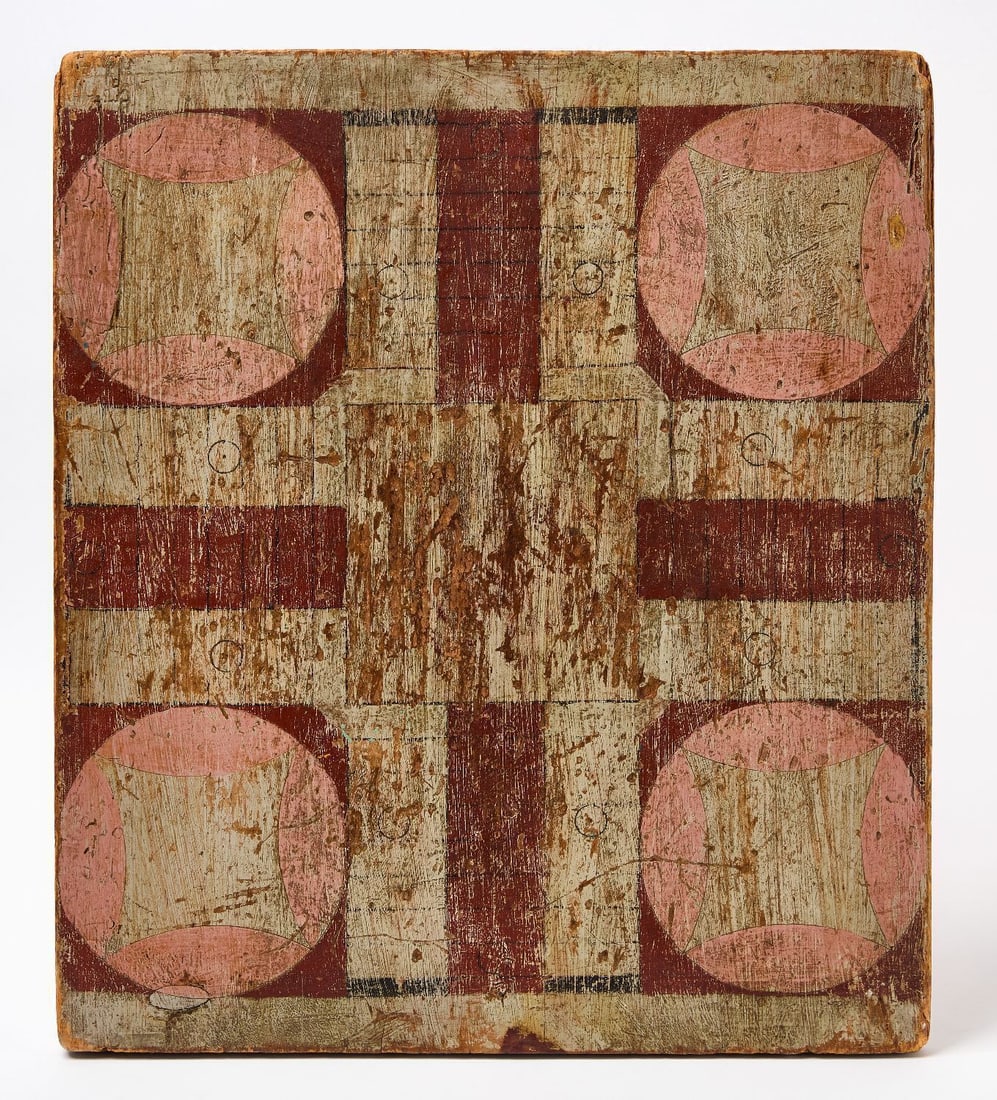 Two-Side Gameboard: Parcheesi and checkers game board. Original paint on wood panel. American, circa 1900. H 21-7/8 in. W 19-1/4 in.