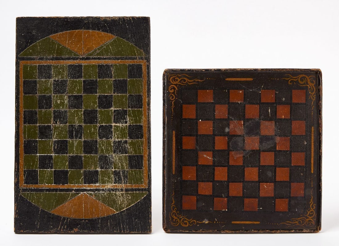 Two Small Gameboards: Two small gameboards. The first 9 men morris with cneckers on reverse. The second a primitive example with checkers on one side in black, mustard and green paint. American, Circa 1900. 10-1/4 in. x