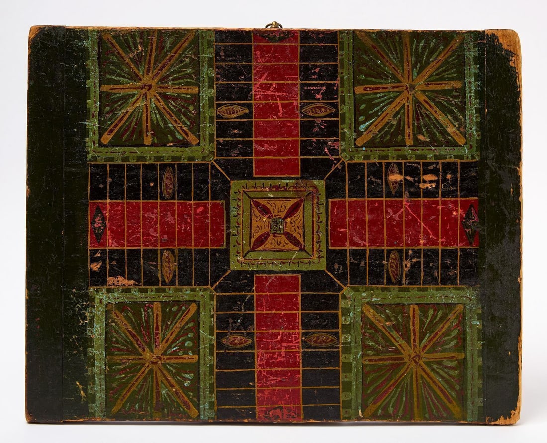 Parcheesi Gameboard: Parcheesi gameboard. Original paint on wood panel. American, circa 1940s - 1960s. H 16 in. W 20 in. Collection of Bruce and Doranna Wendel.