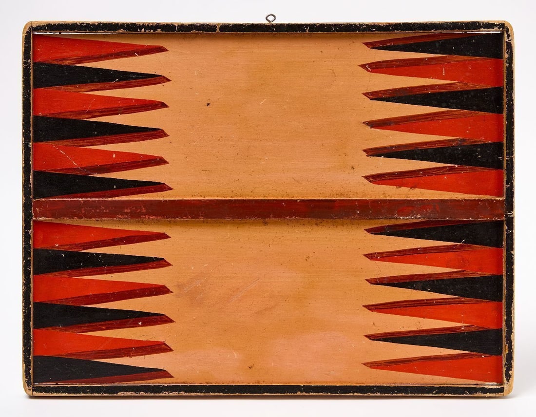 Backgammon with Checkers Gameboard: Backgammon gameboard with checkers on reverse. Original paint on framed wood panel. American, circa 1900. H 14-1/2 in. W 19 in. Collection of Bruce and Doranna Wendel.