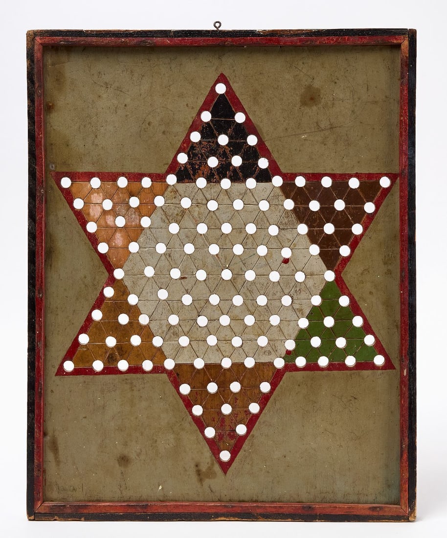 Chinese Checkers Gameboard: Chinese checkers gameboard with checkers on reverse. Original paint on framed wood panel. American, Late 19th Century. H 19-1/2 in. W 15-1/2 in. Collection of Bruce and Doranna Wendel.