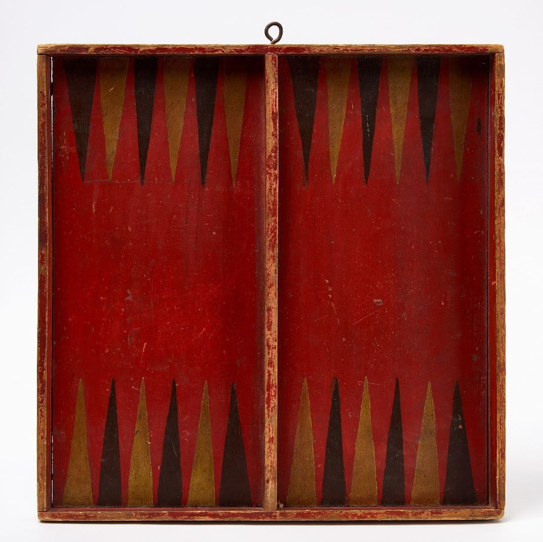Backgammon Gameboard: Backgammon gameboard with checkers in reverse. Original paint on framed wood panel. American, Late 19th Century. H 16-1/2 in. W 16-1/4 in. Collection of Bruce and Doranna Wendel.