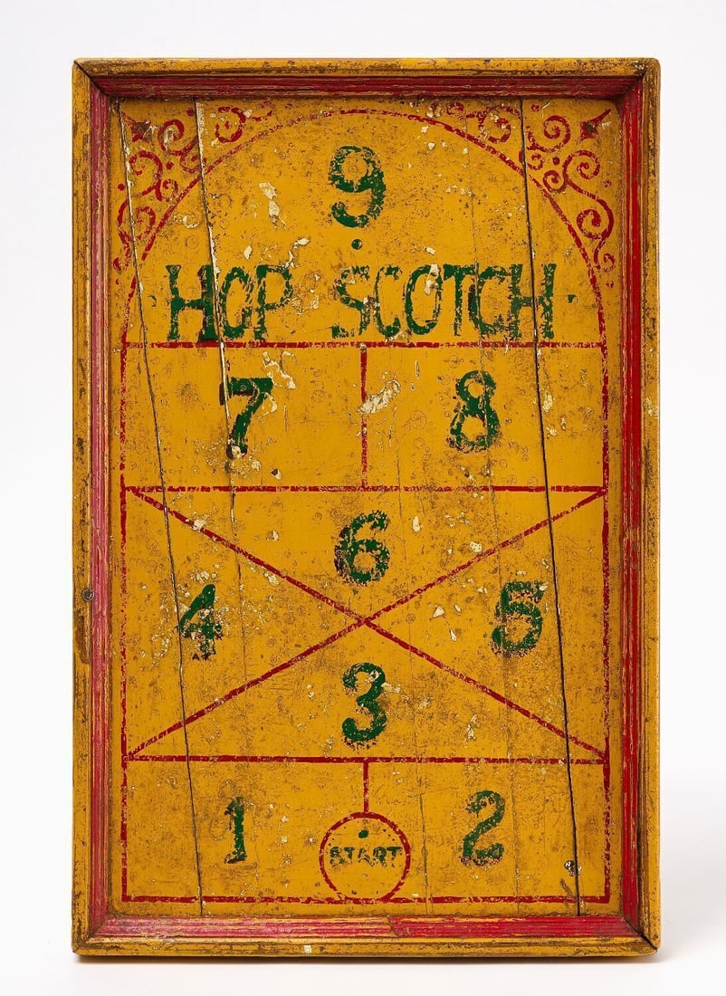 Hopscotch Gameboard: Hopscotch gameboard with painted numbering. Original paint on framed wood panel. American, 20th Century. H 18-1/2 in. W 12-1/4 in. Collection of Bruce and Doranna Wendel.