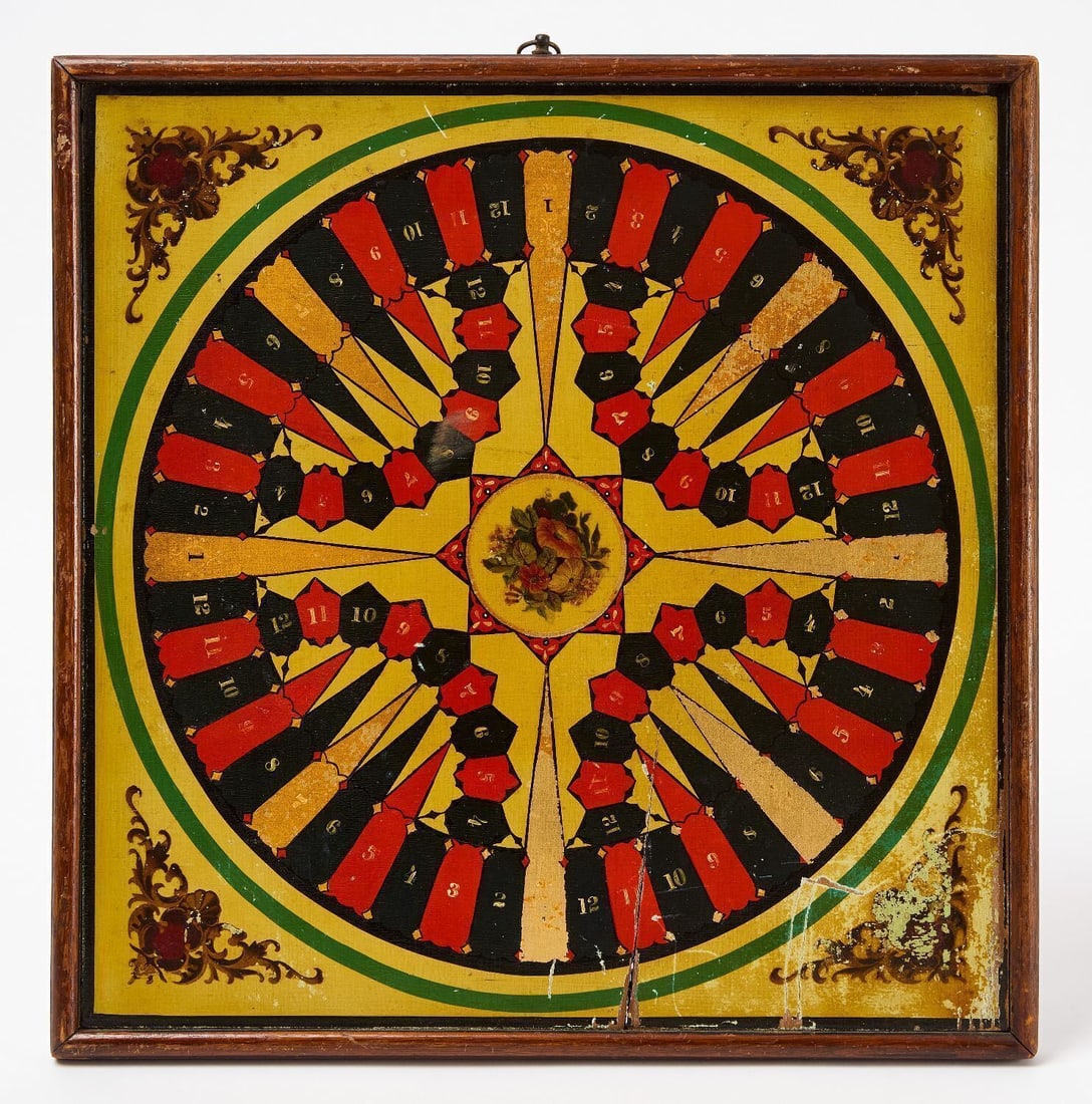 Painted Gameboard: Gameboard. Roulette and parcheesi. Two-sided. Paint and gold leaf on panel. American, late 19th century. 13-5/8 in. x 16 in.