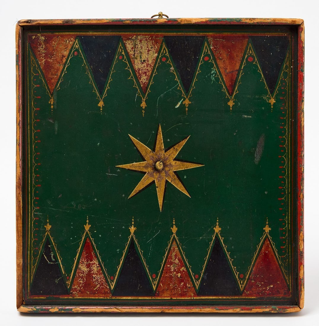 Checkers with Backgammon on Reverse: Checkers Gameboard with Backgammon on Reverse. Original paint and gold leaf on framed panel. American, late 19th century. H 25-5/8 in. W 14-1/2 in.