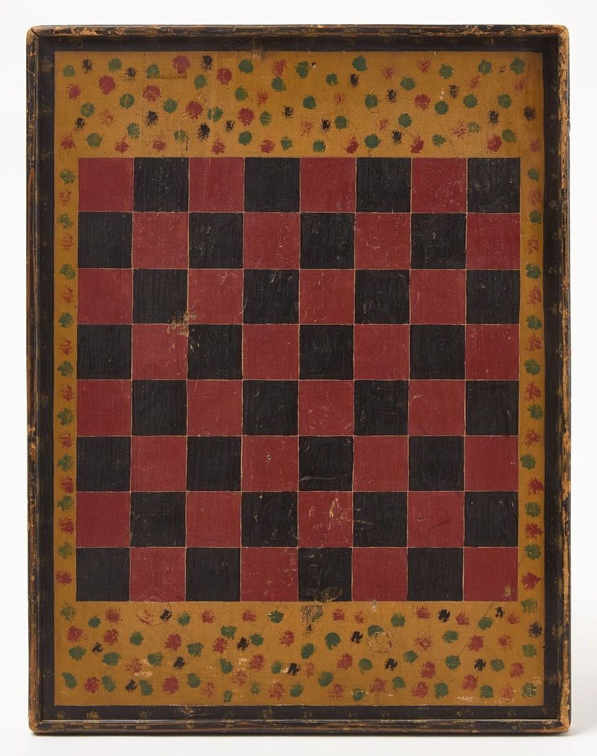 Checkerboard with Dots: Hand-painted folk art checkerboard with decorative dots border. American, late 19th century. H 19 in. W 14-1/2 in. D 1 in. 