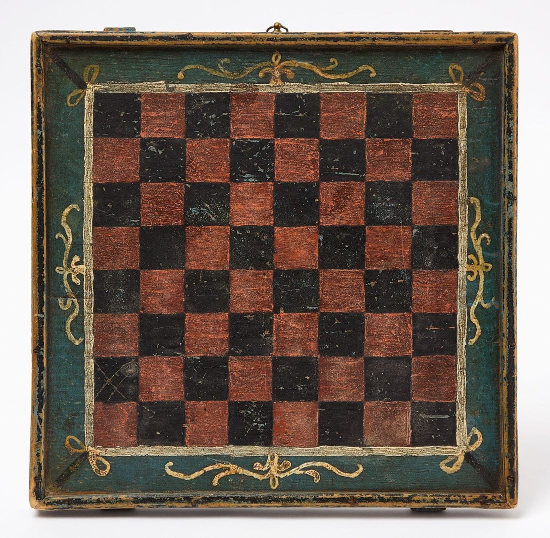 Checkers Gameboard: Checkers gameboard with a decorative free-hand painted embellishments around the outer edge of the play area. Original paint on framed wood panel. American, 19th century. H 12-1/2 in. W 12-3/4 in. Col