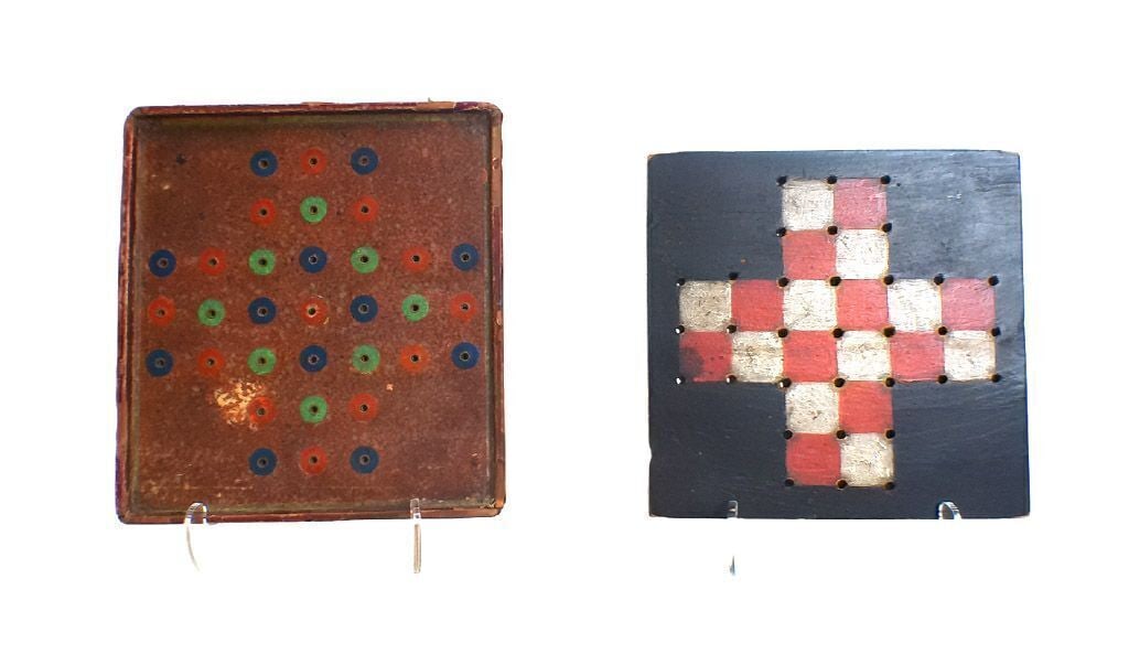 Two Fox and Geese Gameboards: Two 'fox and geese gameboards. Original paint on panel. Board with dots, mixed media on panel. American, circa 1900. Collection of Bruce and Doranna Wendel. 9 in. x 9 in. and 9-3/8 in x 10-1/4 in