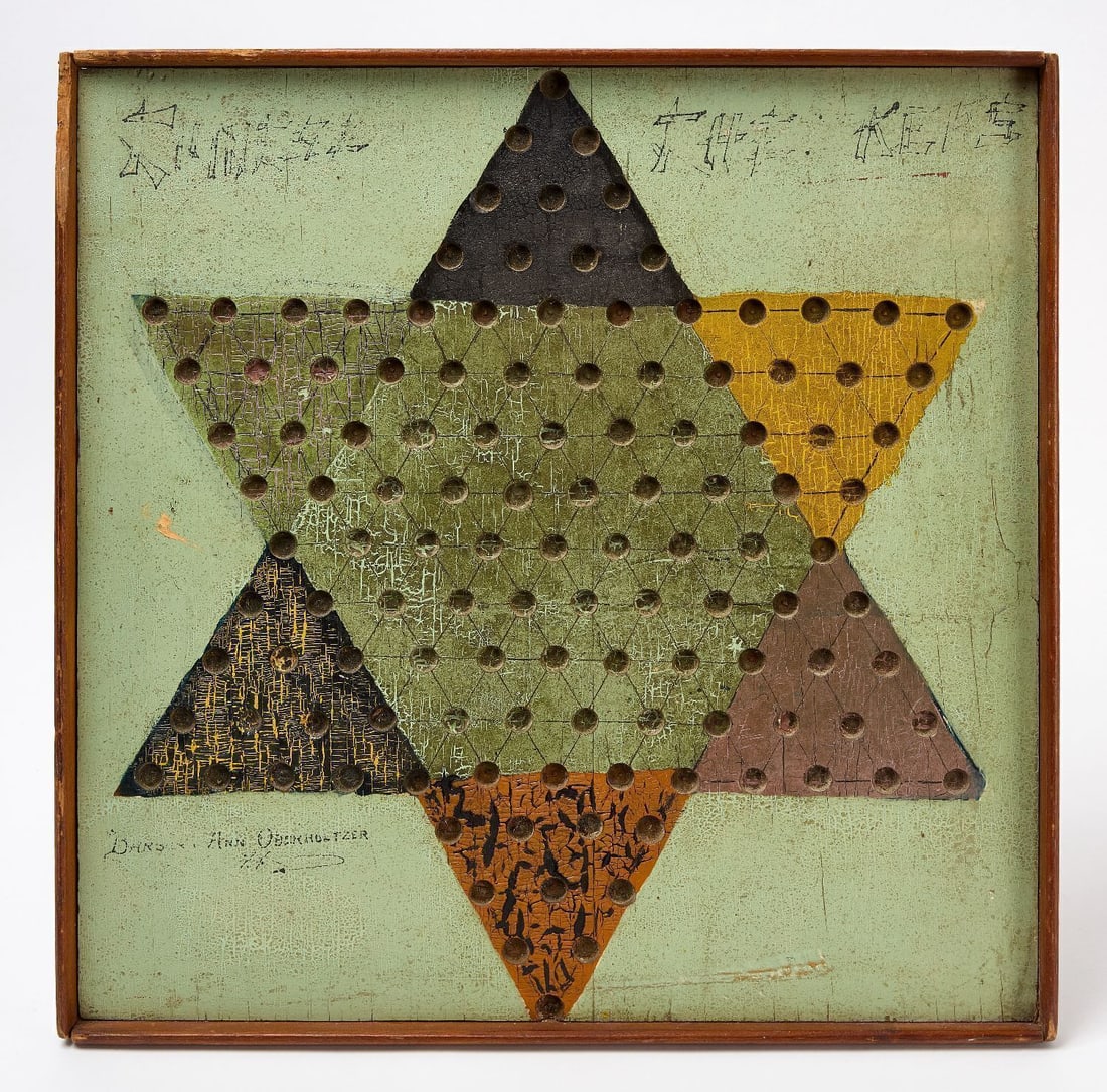 Chinese Checkers Gameboard: Chinese checkers gameboard. Original paint on framed wood panel. American, late 19th century. H 19 in. W 19 in. Collection of Bruce and Doranna Wendel.